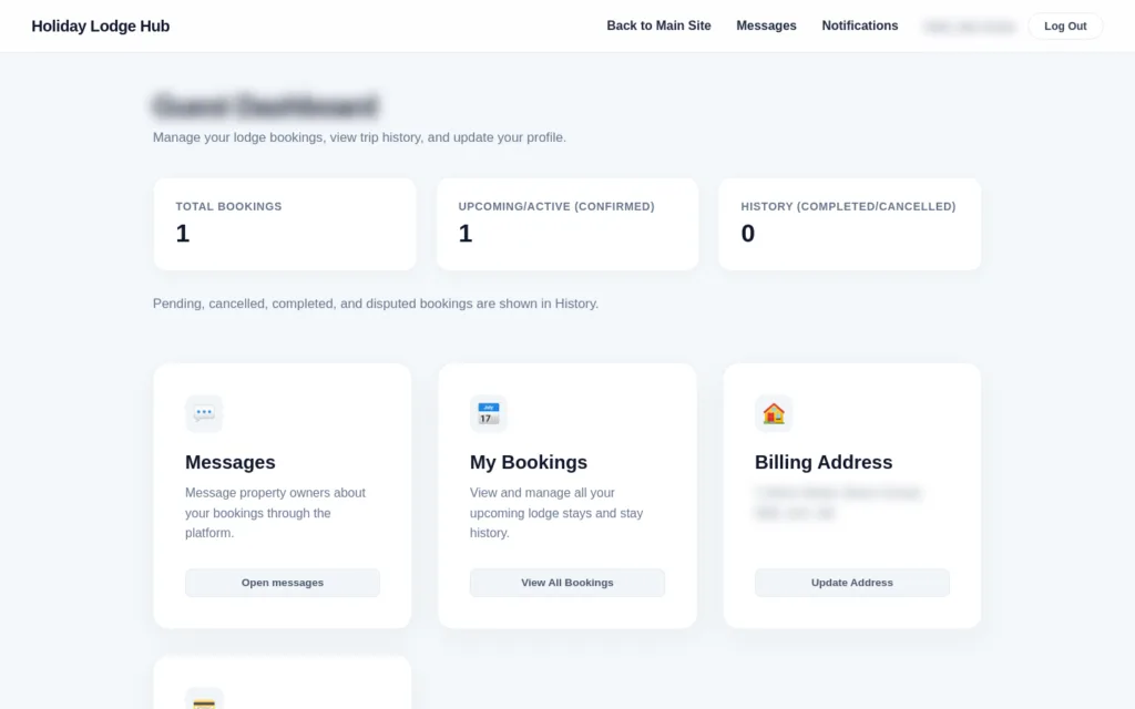 Guest account dashboard with booking information