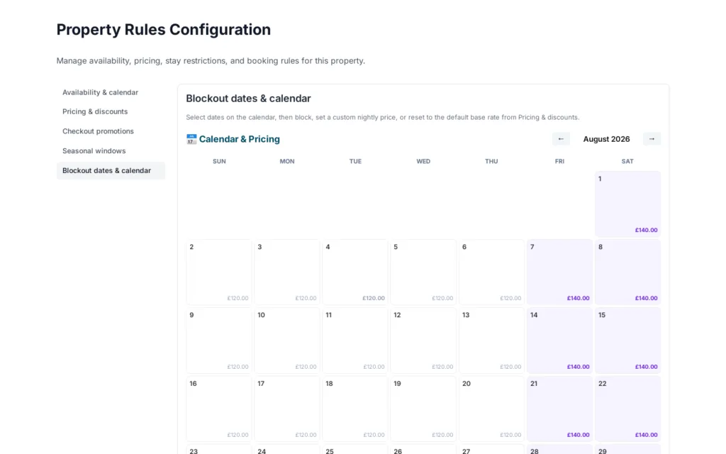 Owner calendar controls for availability